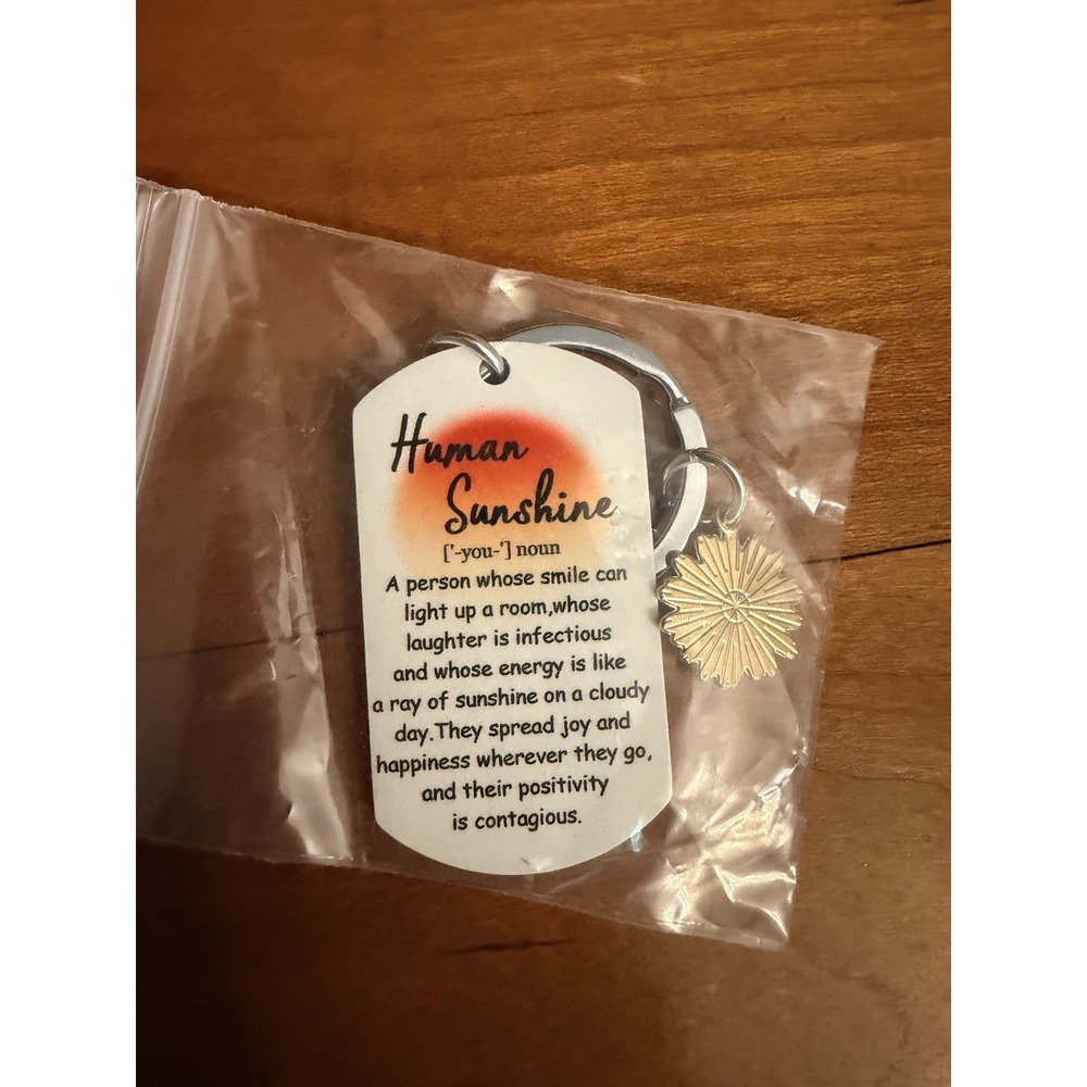 Silver Metal Inspirational Keychain Charm "Human Sunshine" Quote w/Daisy Charm